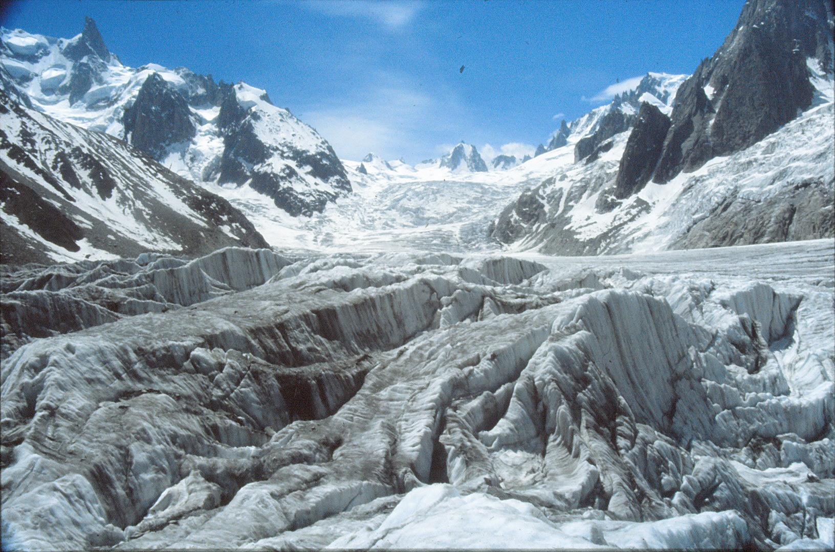 The upper reaches of the Mer de Glace with the Dent du Geant to the right and Mont Blanc right horizon